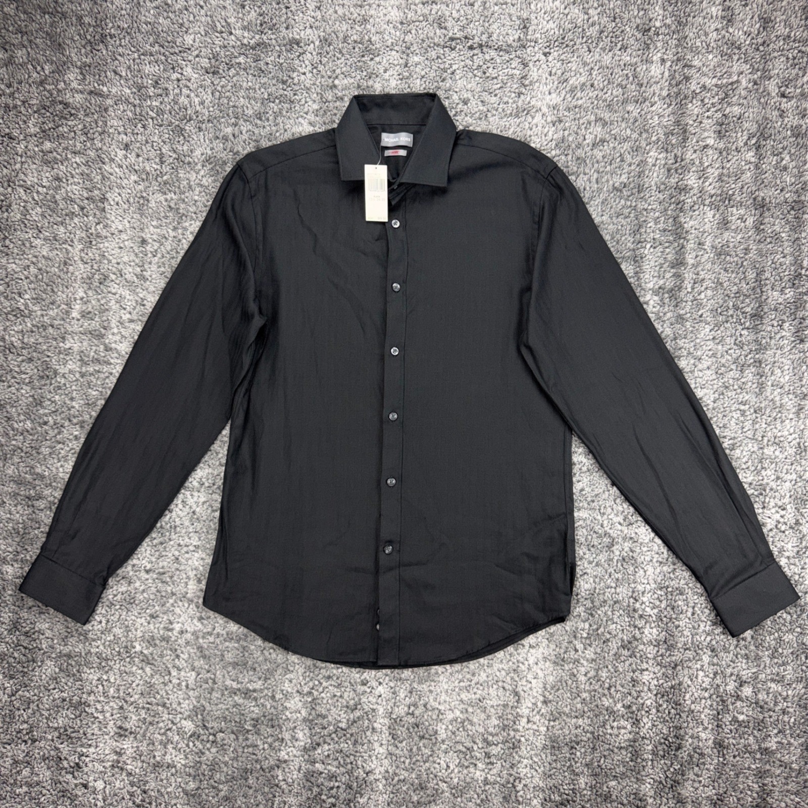 NEW Michael Kors Men’s M 15.5 34/35 Black Herringbone Slim Fit Long Sleeve Shirt