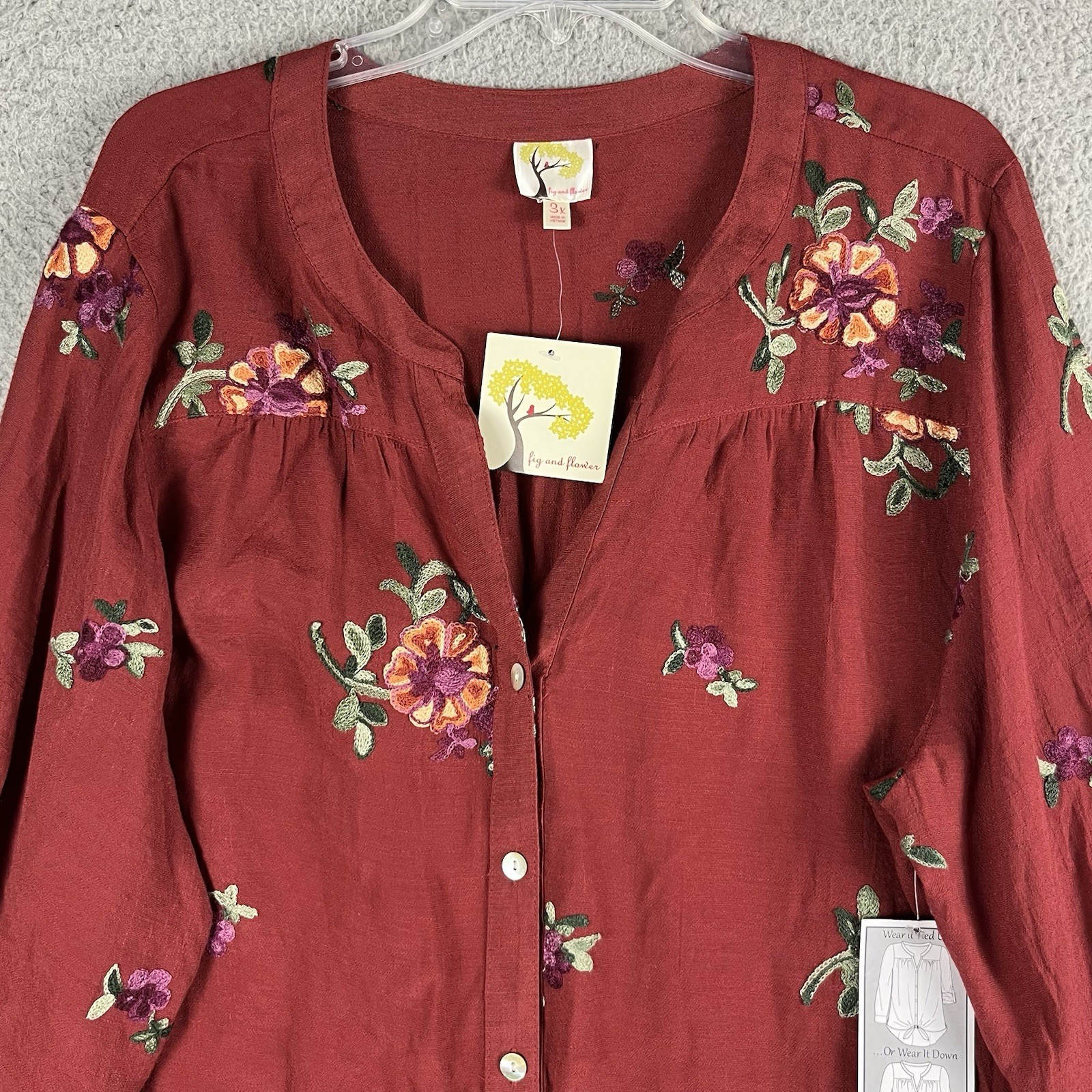 NEW Fig and Flower Blouse Womens 3X Burgundy Embroidered Floral Button Up Top