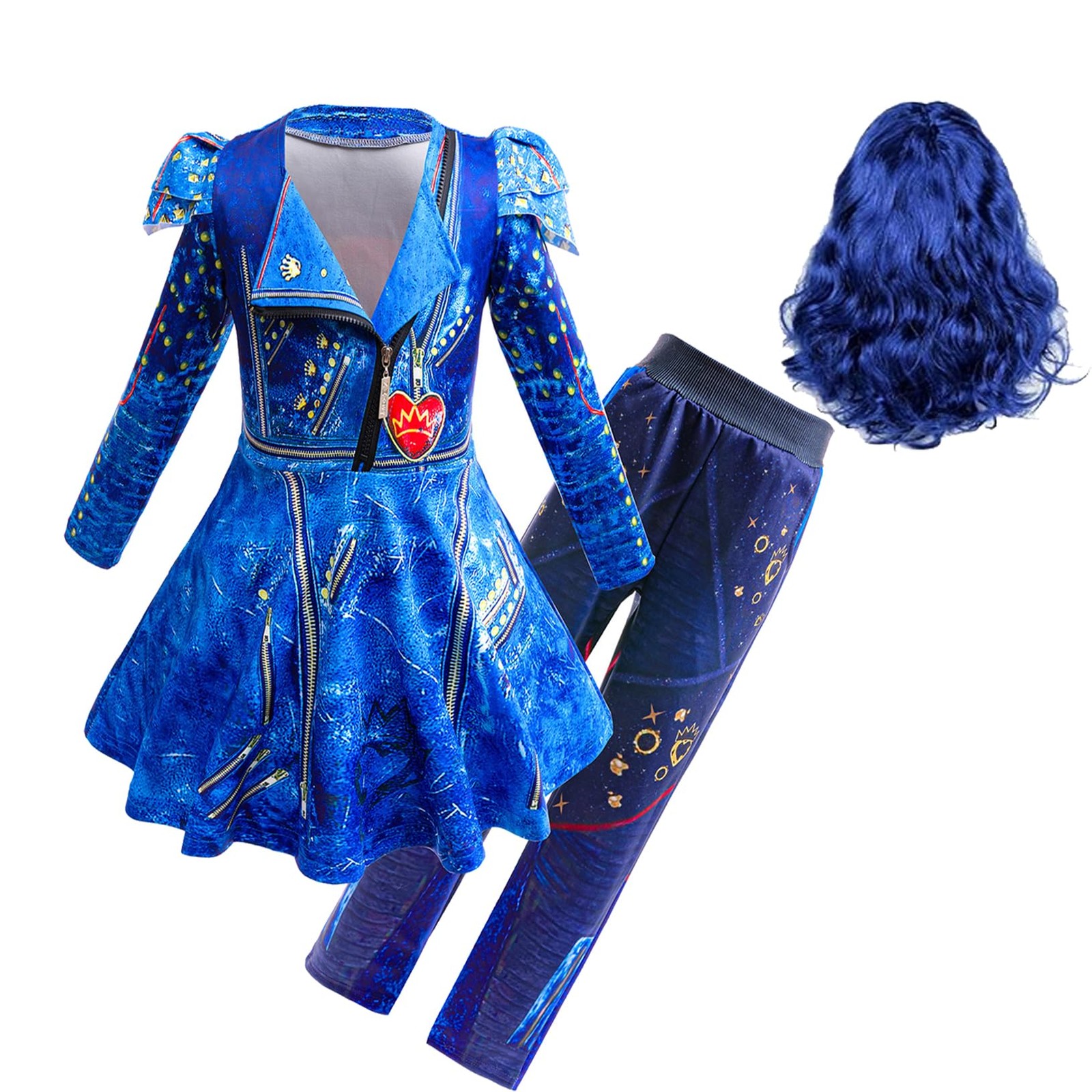 Uivic Mal Costume Girls Evie Outfit Blue 11-12 Years Jacket Pant Wig Set