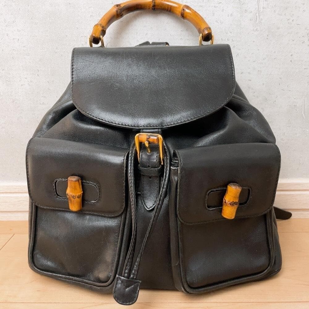 Gucci Bamboo Leather Backpack Black Vintage Turn Lock Drawstring Auth