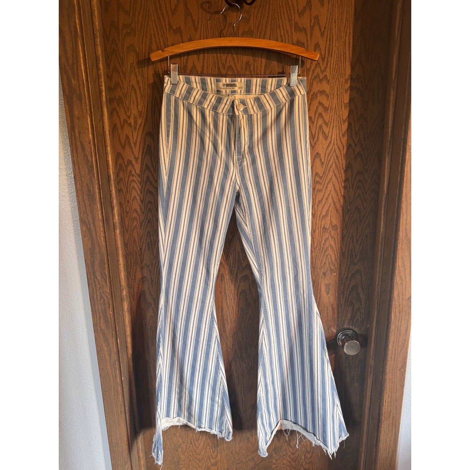 Rock & Roll Denim Bargain Button Bell Striped Flare Jeans Blue White 28×34