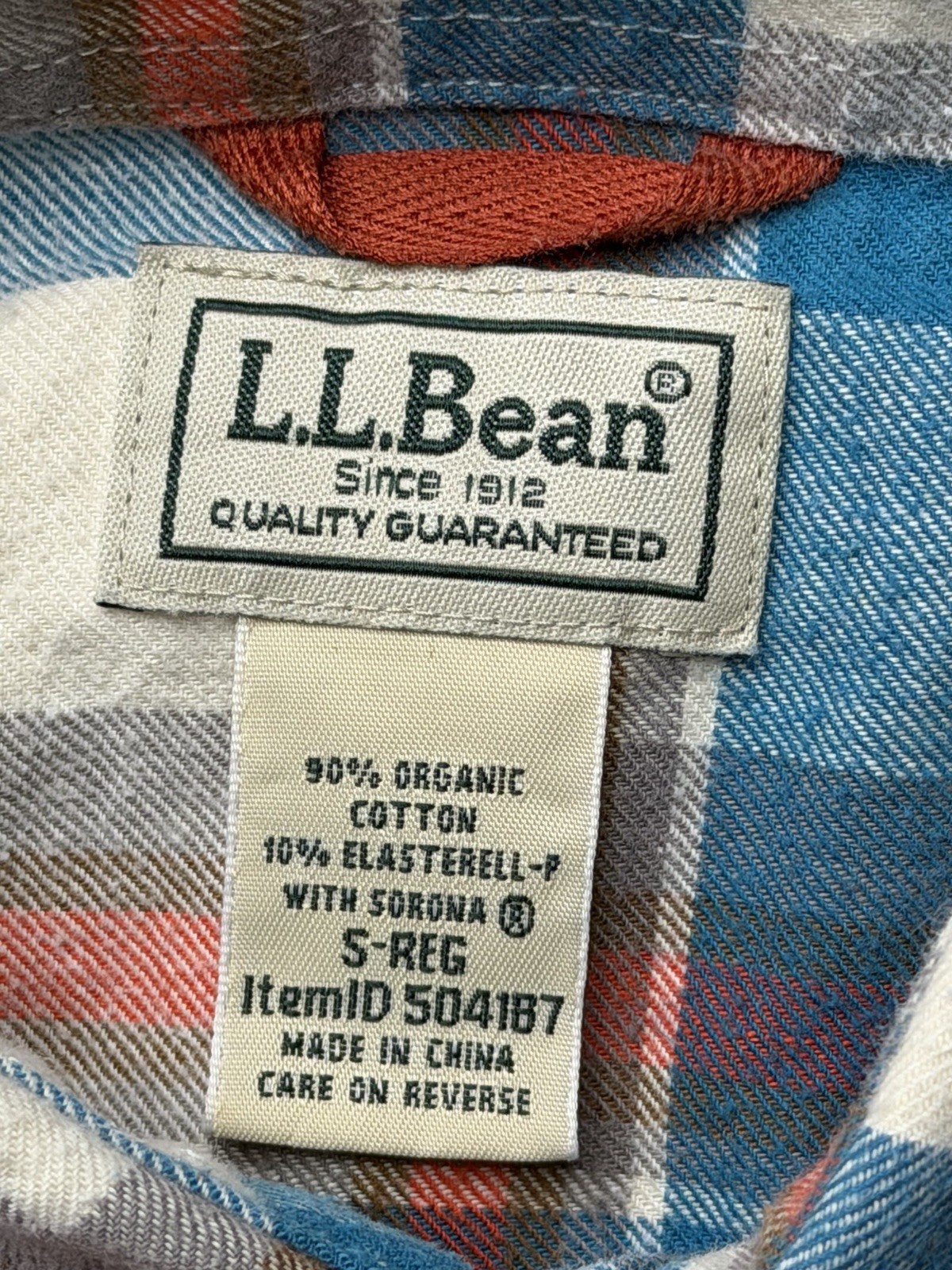 LL Bean Flannel Blue Orange Plaid Elbow Pads Organic Cotton 504187 Mens Small