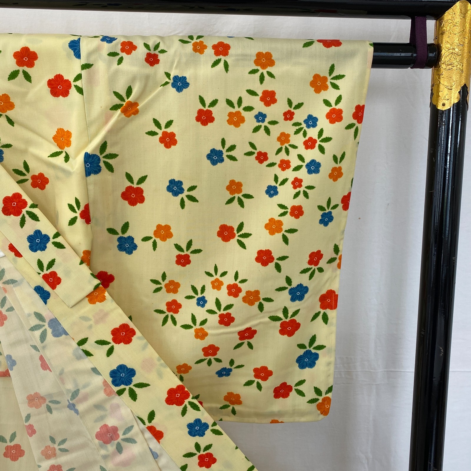 Japanese Vintage Kimono Polyester yellow No Lining Komon Traditional Length 60in