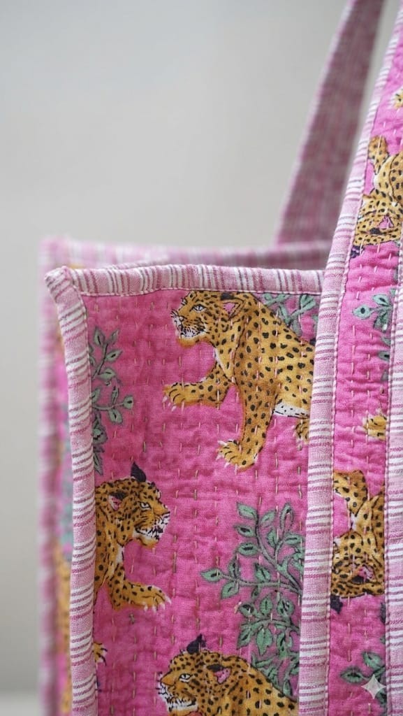 Hand Block Print Leopard Tote Bag Quilted Cotton Oversized Shopper Handbag item