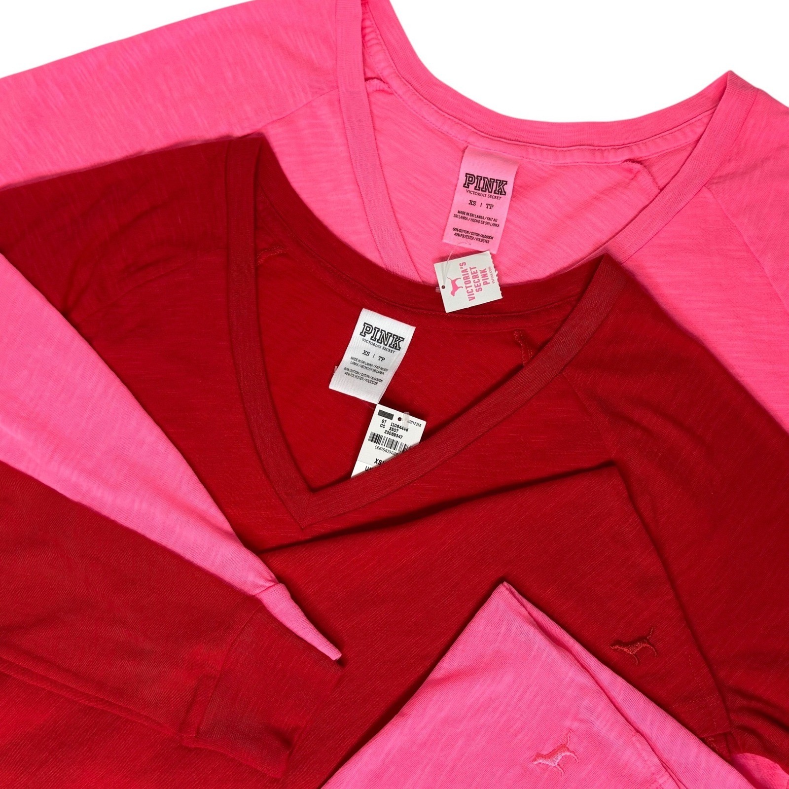 Victoria’s Secret PINK Long Sleeve V-Neck T-Shirt 2 Pack Red Neon Pink XS NEW