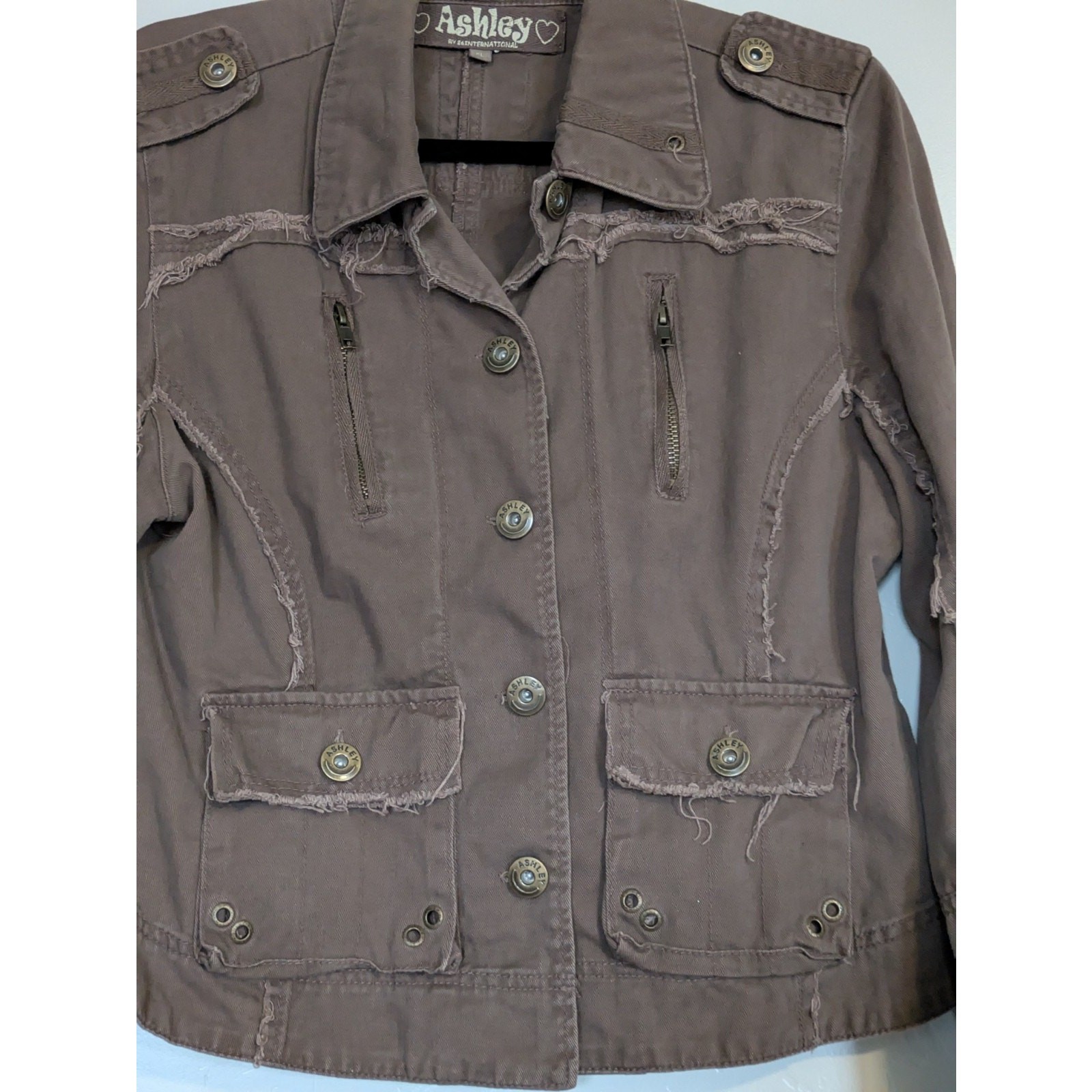 Ashley by 26 International Jacket Womens Size XL Distressed Fringe Frayed Button