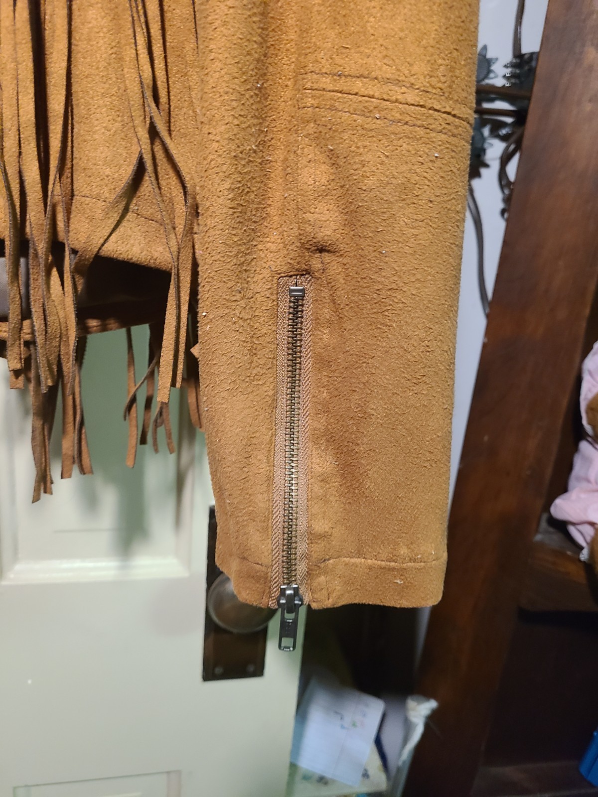 Womens Cripple Creek Genuine Suede Leather Zip Jacket With Fringe Front And Back
