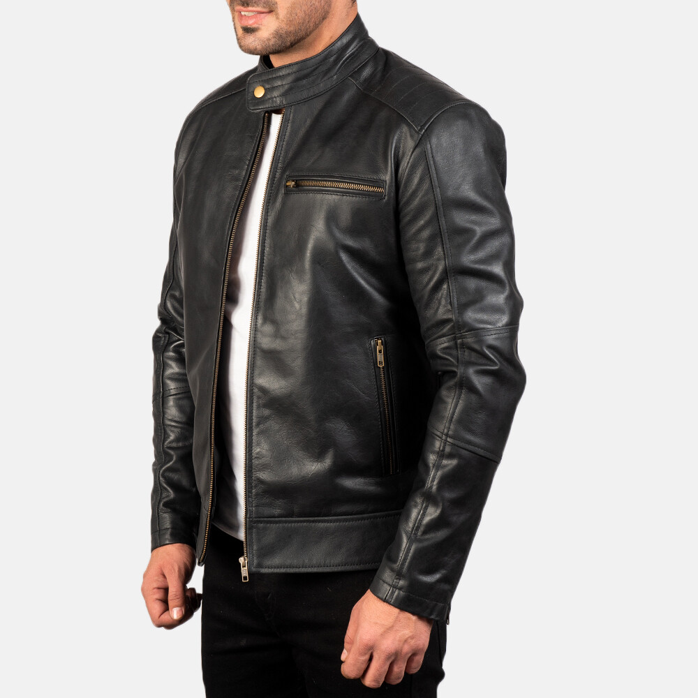 Mens Cafe Racer Leather Jacket Pure Black Lambskin Size XS S M L XL XXL 3XL 4XL