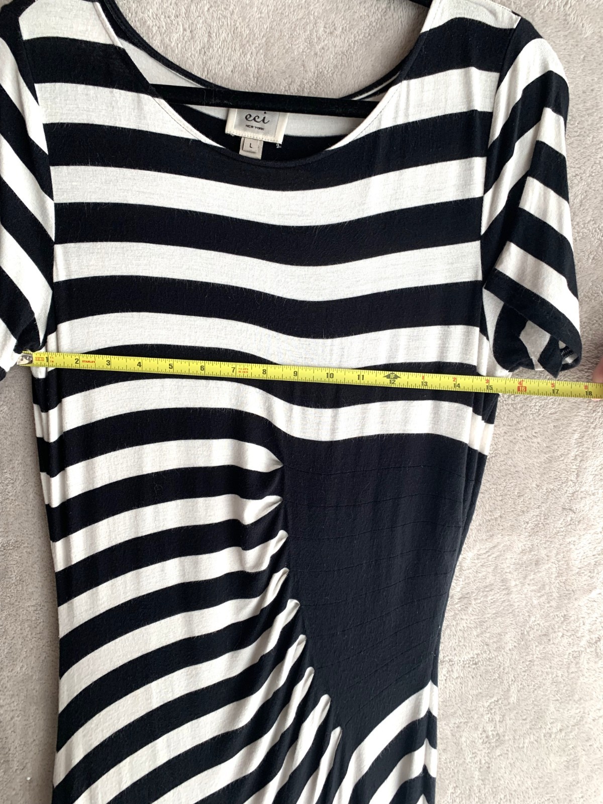 Black White Striped Optical Illusion Maxi Dress Short Sleeve Fit & Flare Size L