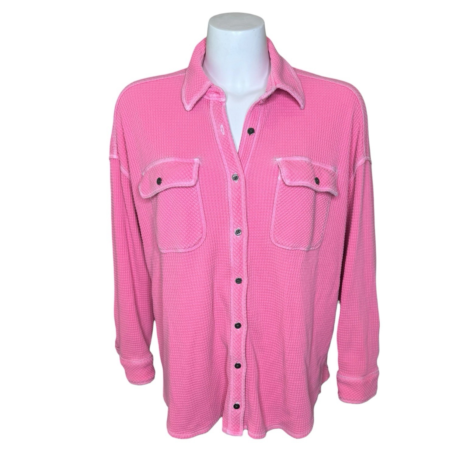 Aerie Lumber Jane Waffle Knit Button-Up Shirt S Pink Chest Pockets Oversized