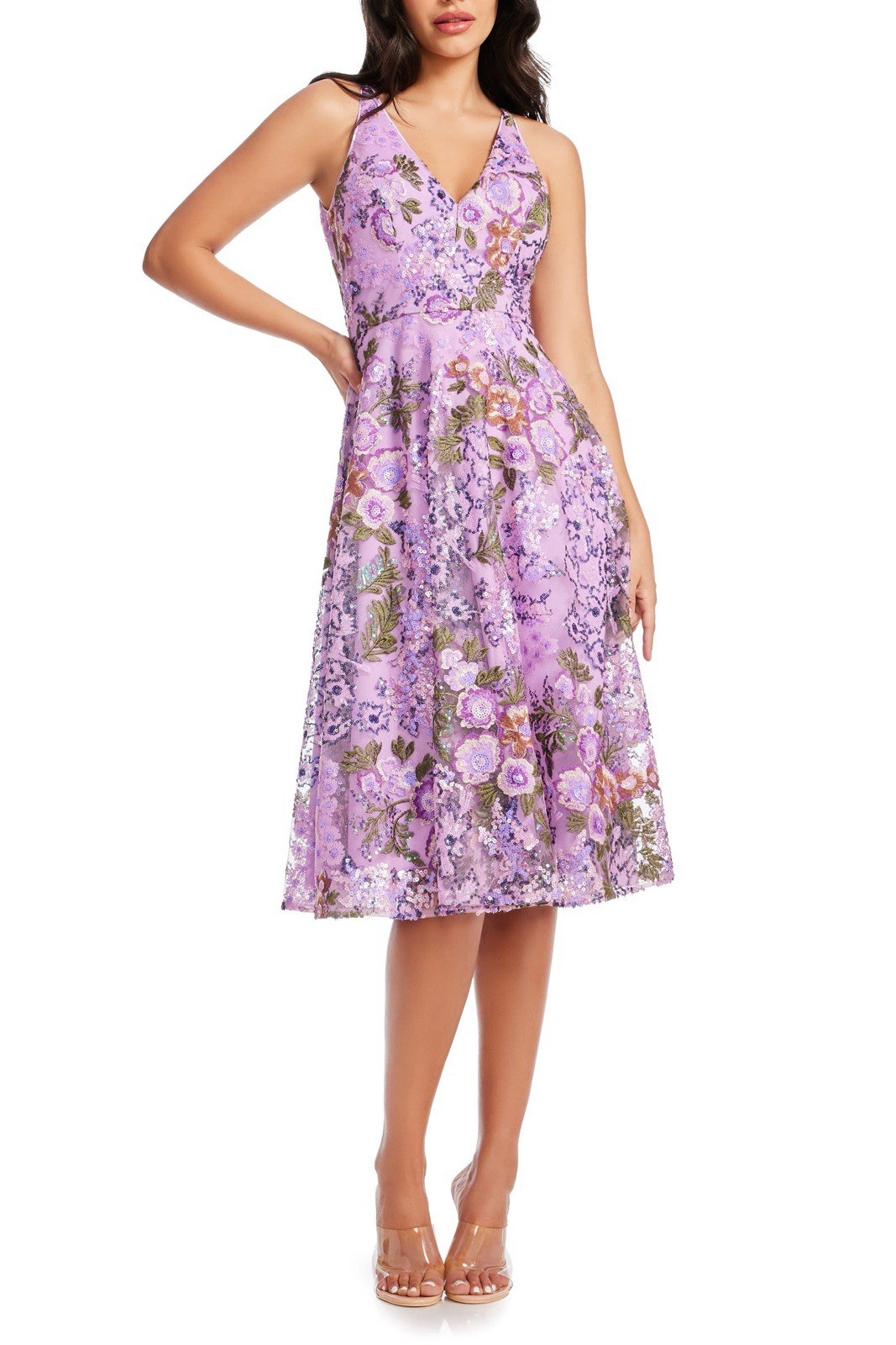 Dress the Population Purple Floral Sequin Embroidered Mesh V-Neck Midi XS