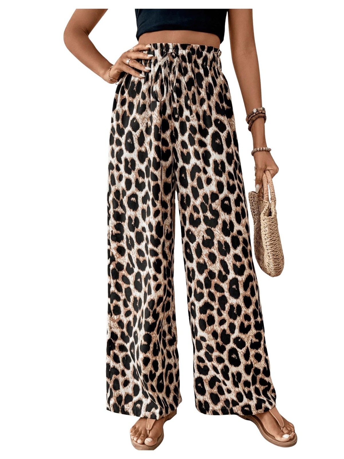 Women’s Leopard Print Drawstring Waist Wide Leg Pants Loose Fit Palazzo Pants…