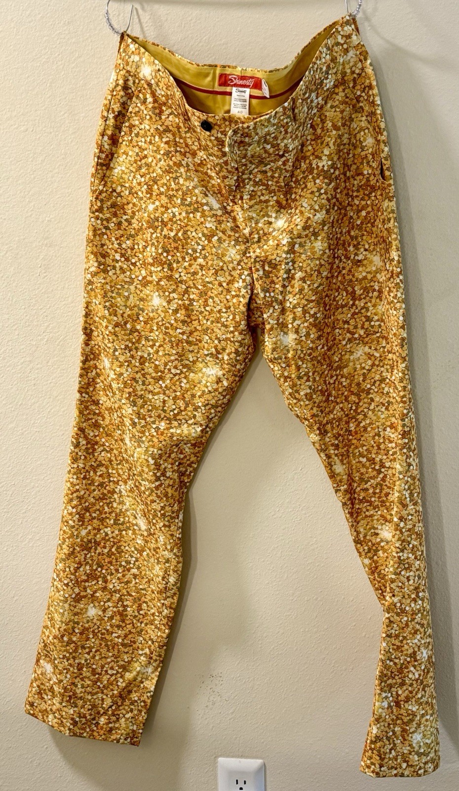 Shinesty Gold Sequin Satin Lined Slim Straight Flat Front Dress Pants 31W