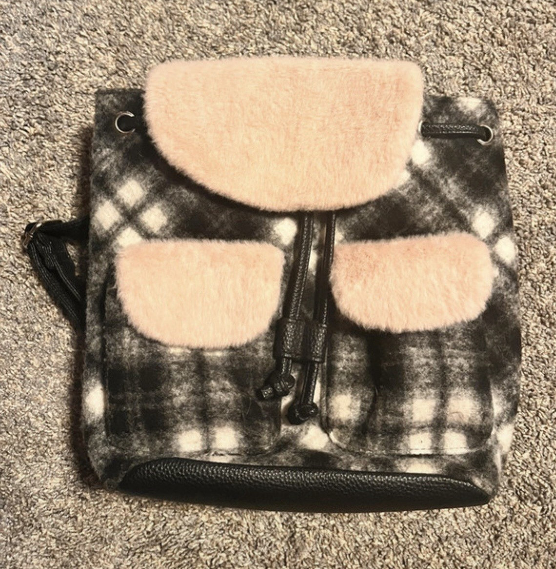 Claire’s Black & White Plaid Small Drawstring Backpack w/ Faux Fur Flap, Pockets