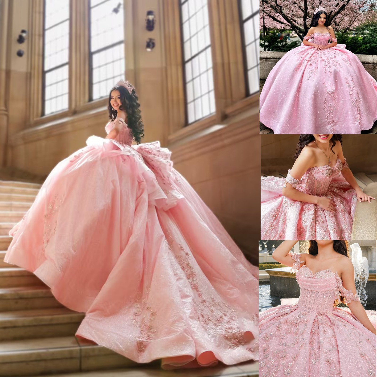 Pink Princess Flowers Quinceanera Dress with Bow Beaded off Shoulder Ball Gowns
