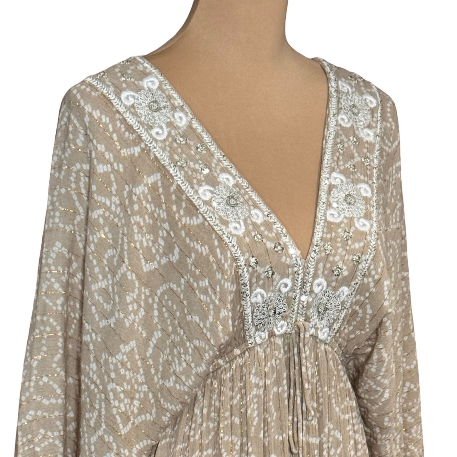 Flowy Boho Embroidered Cotton Tiered Maxi Dress Sz S Kaftan Beach Babydoll