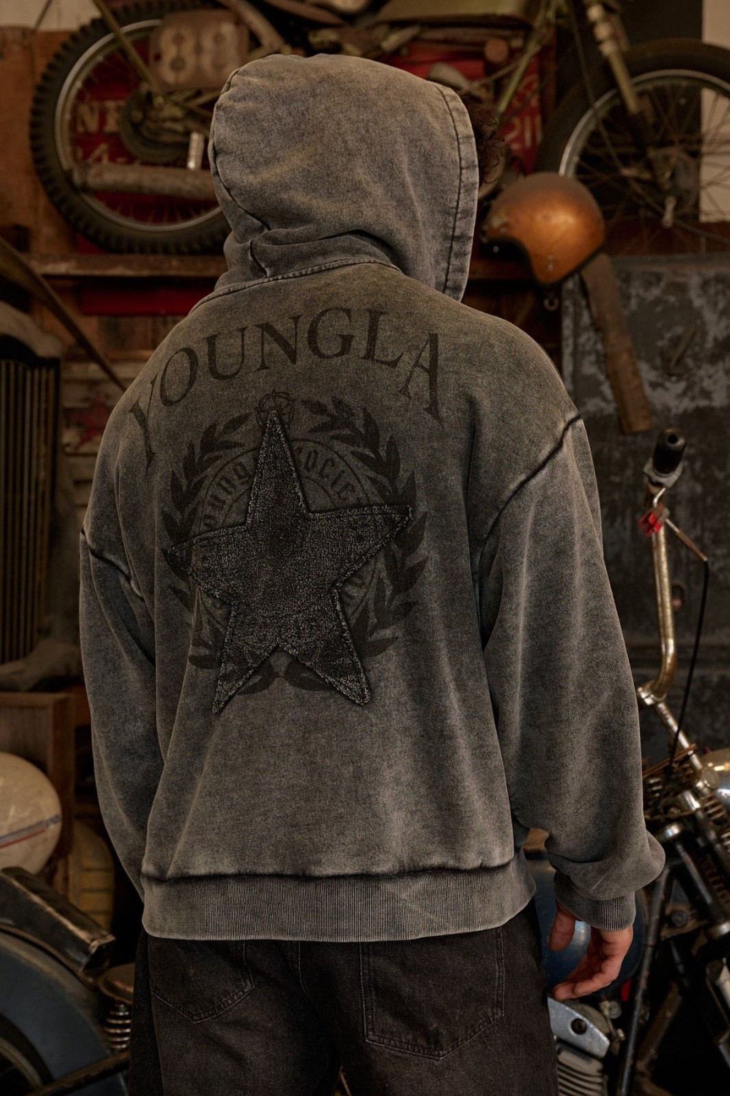 YoungLA – Mens Large Grey Wash- 5149 – Star Crest Hoodie- Sold Out! In hand!