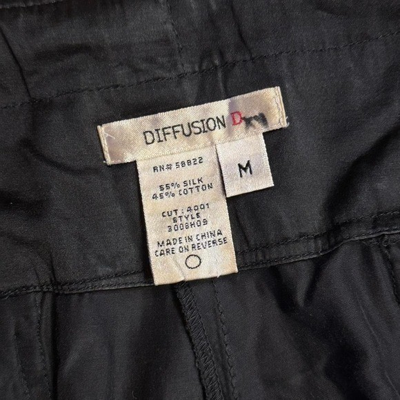 Y2K Black Cargo Capri Pants Zip Knee Parachute Utility Tie Hem Silk Blend M