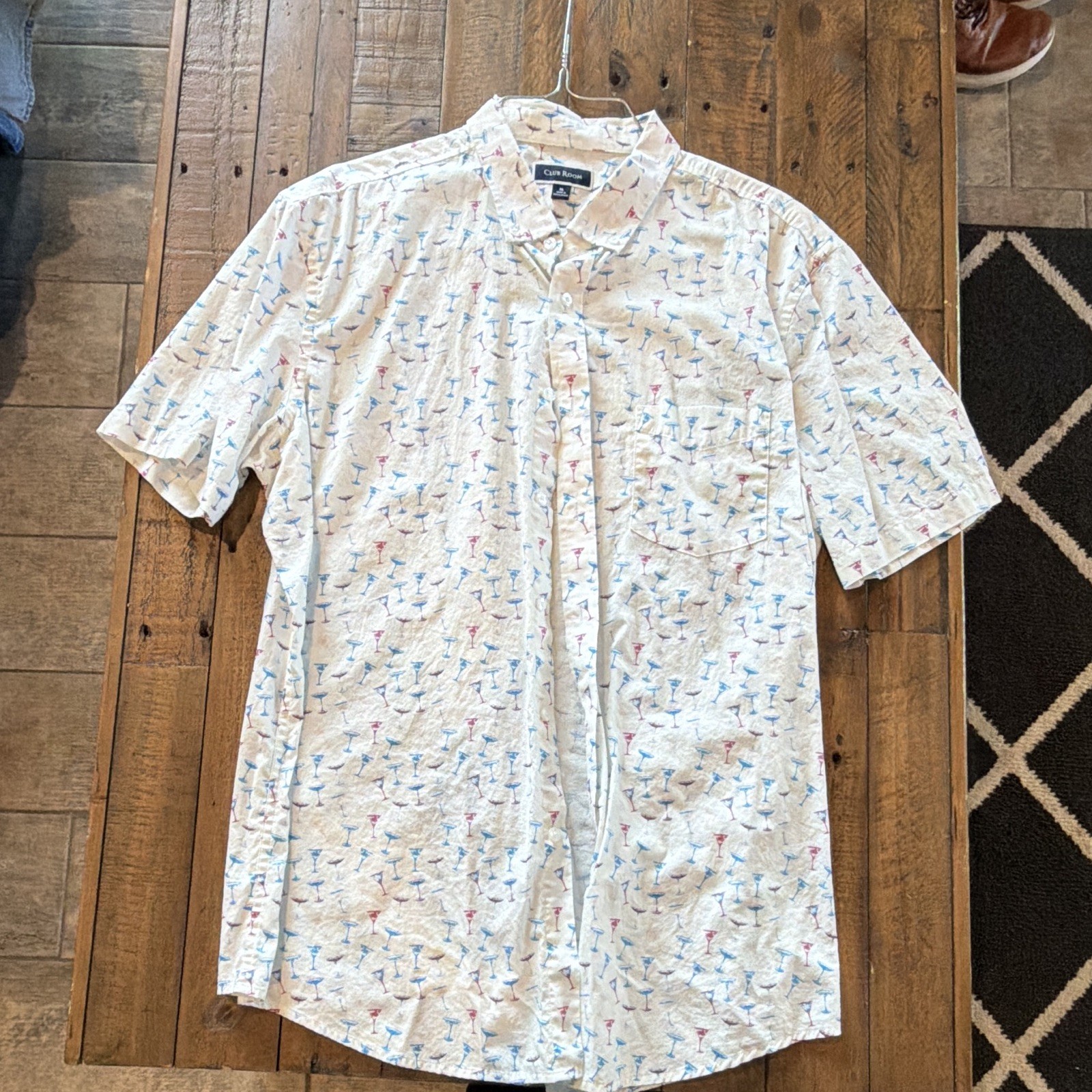Club Room Men’s White/Blue/Pink Graphic Print Woven SS Button-Up Pockets XL