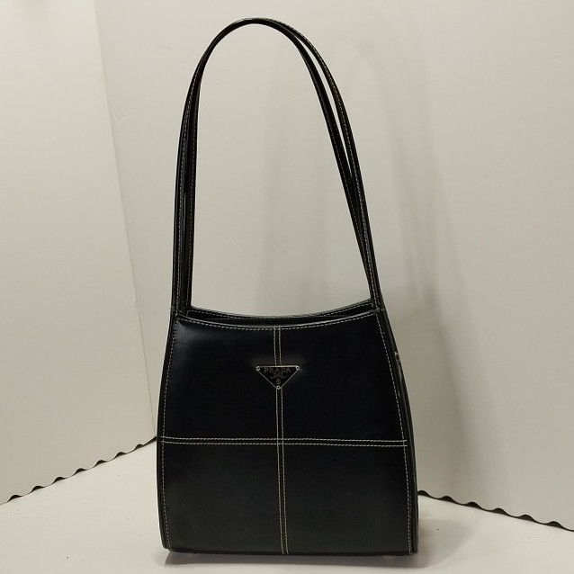 PRADA Milano Black Shoulder Bag Zip Closure Silver Hardware Logo Bottom Studs