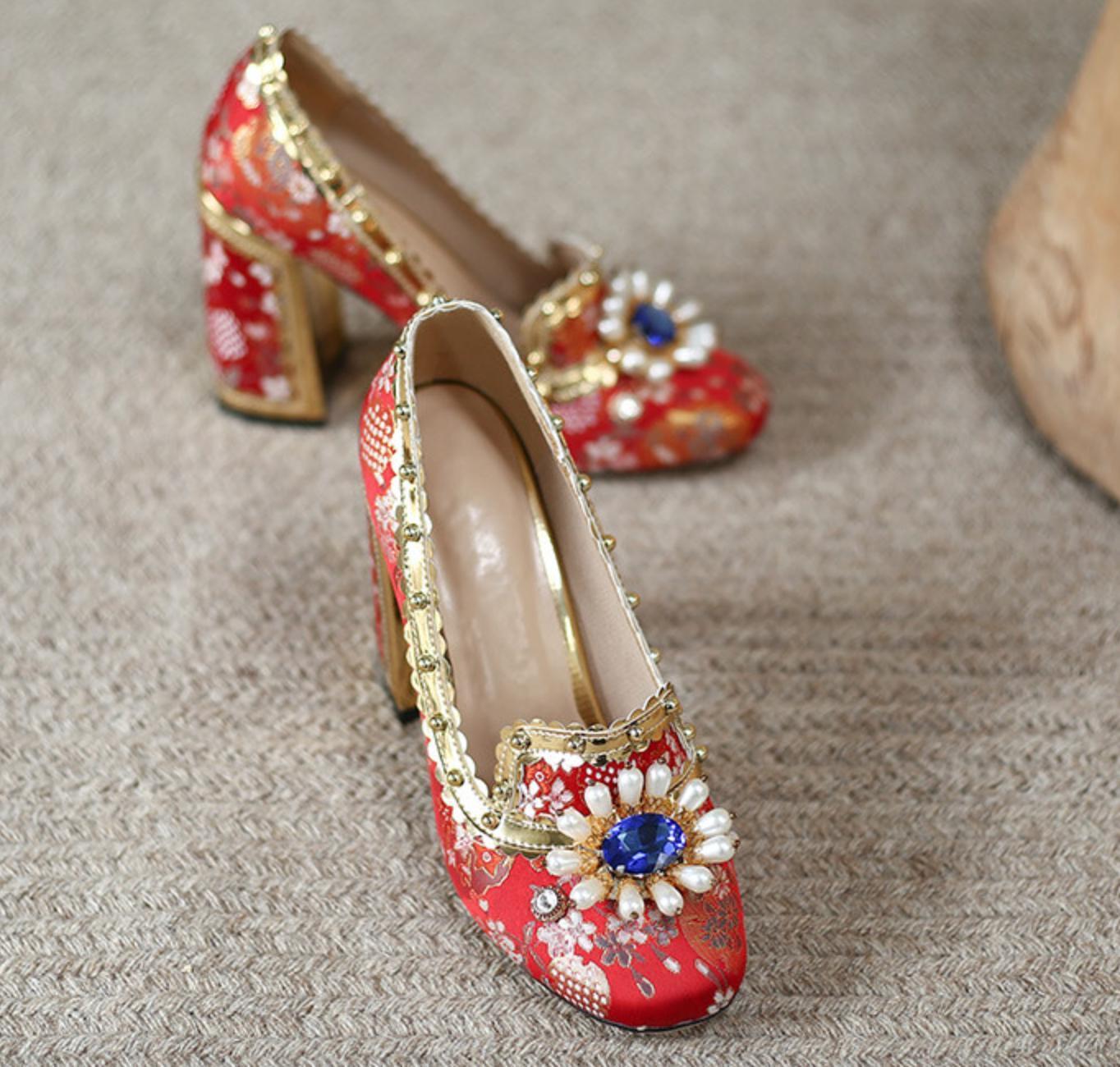 Women’s Beads Rhinestones Wedding Flower High Heel Pumps Satin Shoes Pumps Lady