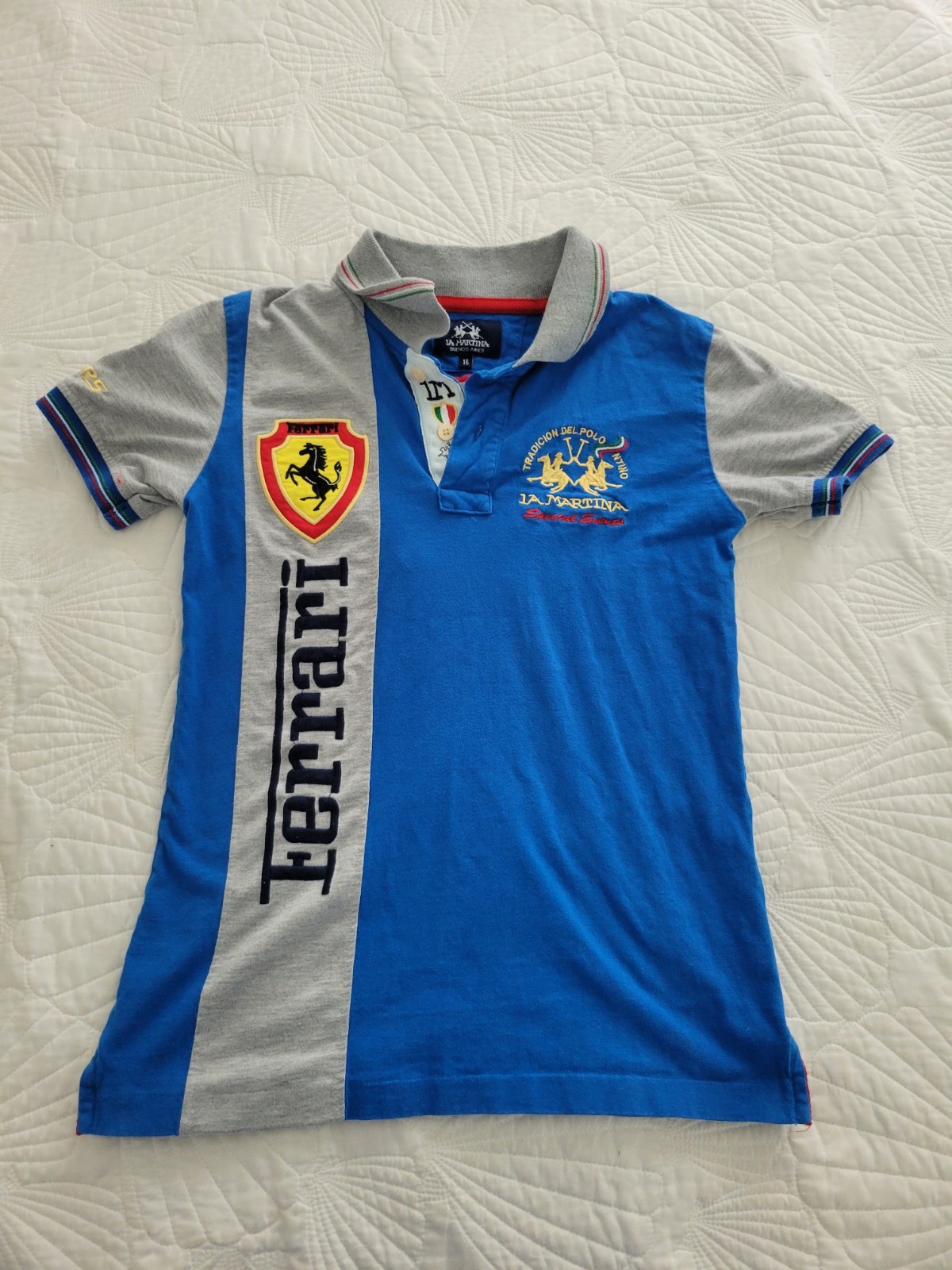 La Martina Ferrari Polo Shirt Boys Size 16 (Ages 9-10) Blue/Grey Special Edition