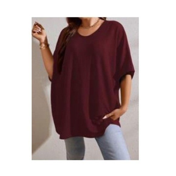 SHEIN Curve Burgundy Batwing Sleeve Textured Tunic Top 1XL Plus Size Wine Red