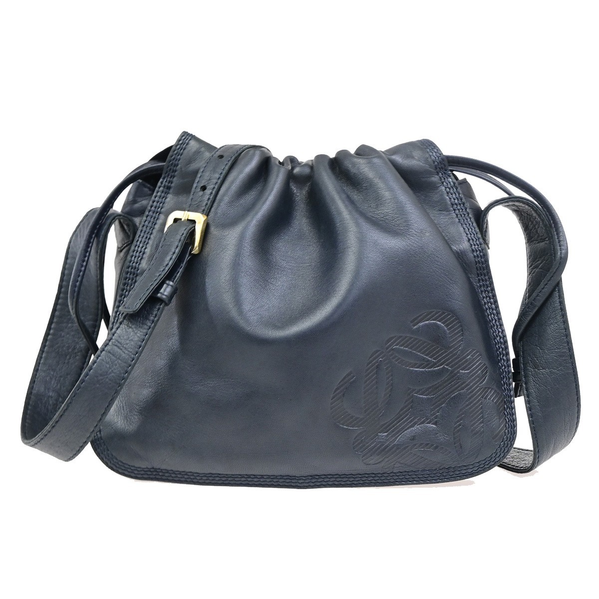 LOEWE Logo Drawstring Anagram Shoulder Bag Leather Navy Blue GHW Spain 83KD267