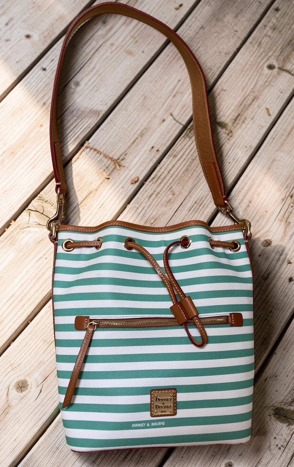 Dooney Bourke Sullivan Stripes Seafoam Spearmint Green Drawstring Bucket Bag