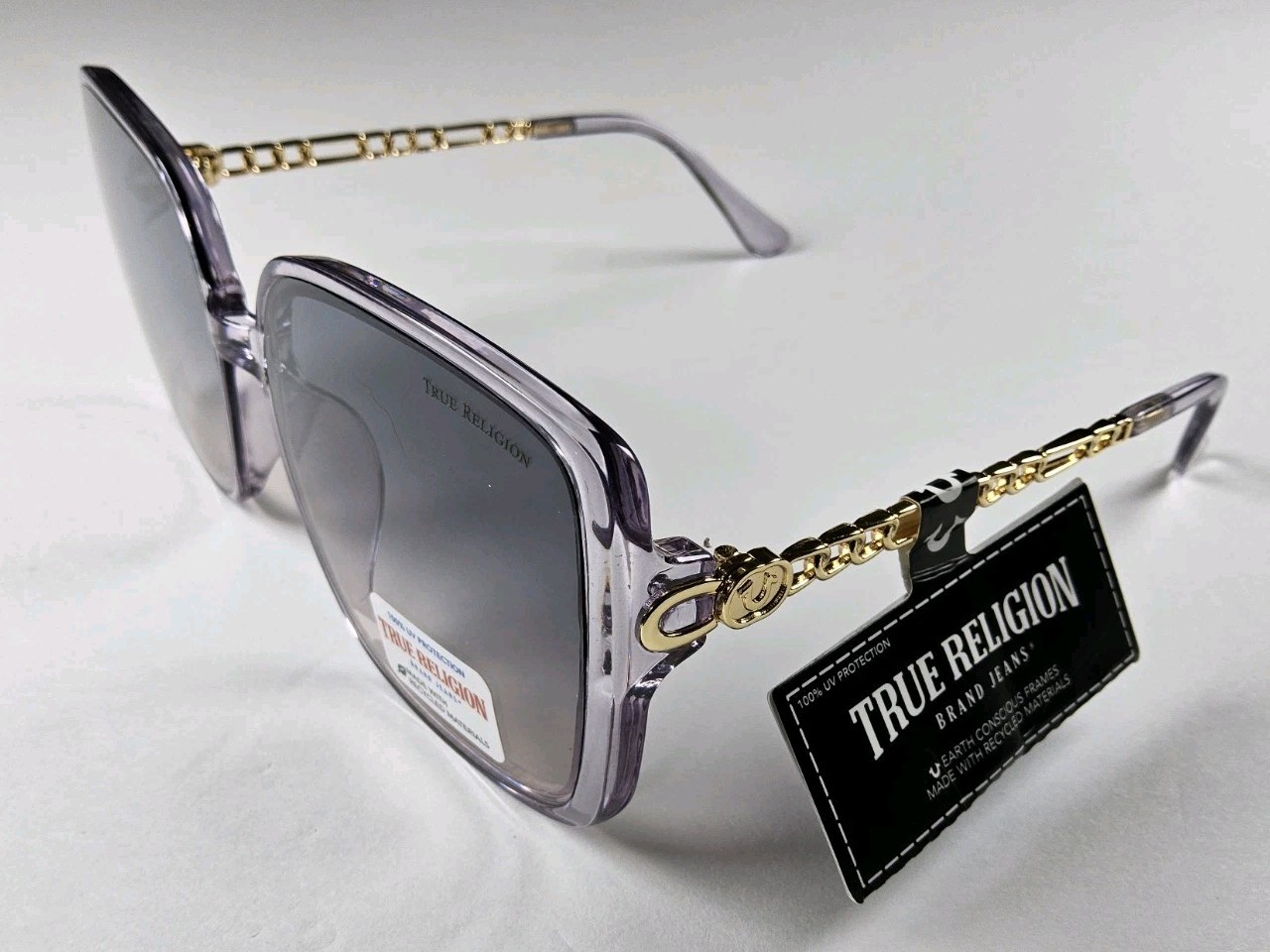 True Religion 100% UV Protection Oversized Square Purple Gold Logo Sunglasses