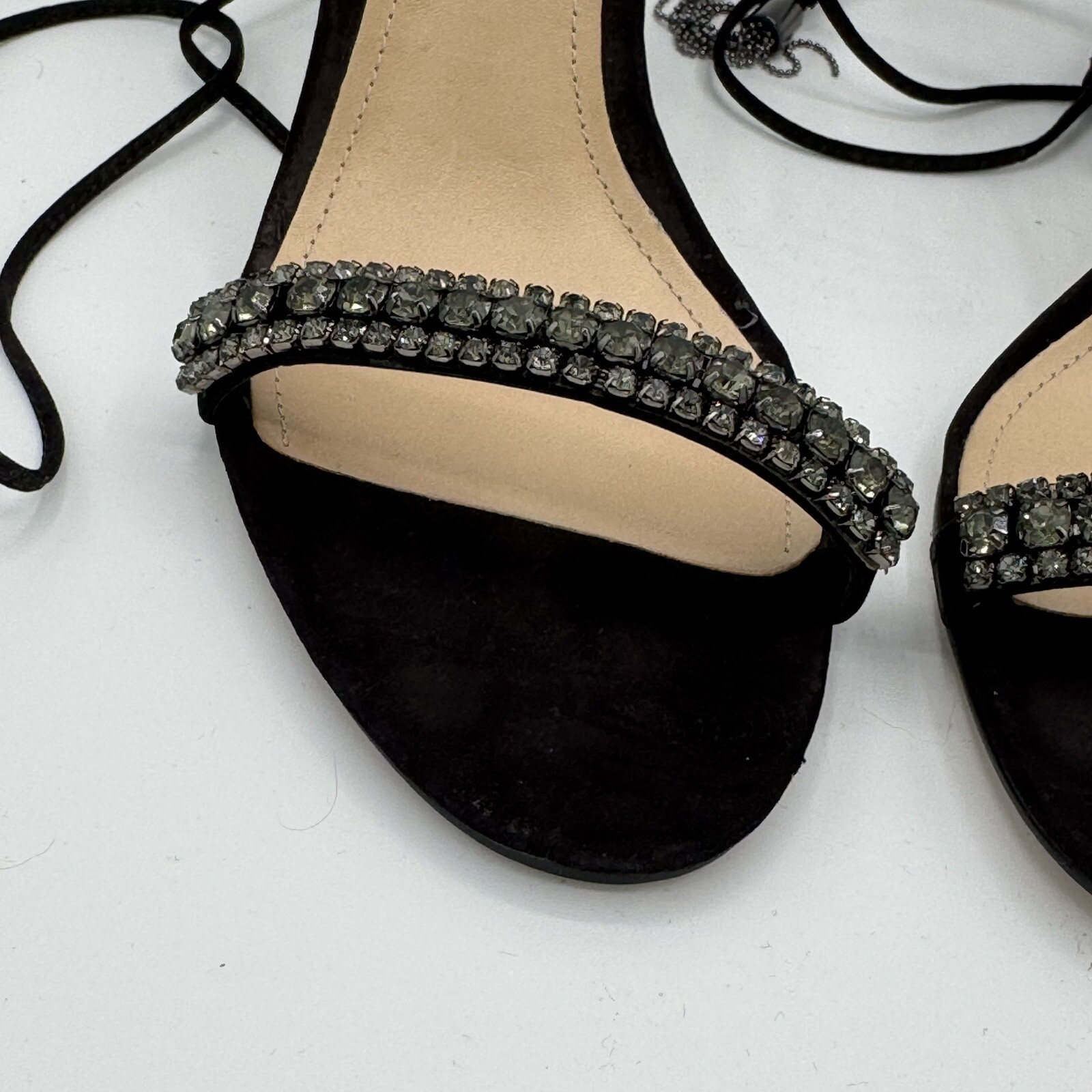 Schutz Bellin Crystal Detail Ankle Wrap Chain Tassels Sandal Sz 8 Black Nubuck
