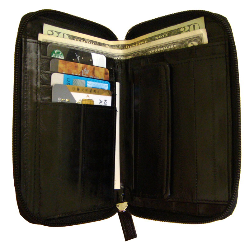 Genuine Eel Skin Leather Zipper Around Purse Wallet (medium-sized wallet)