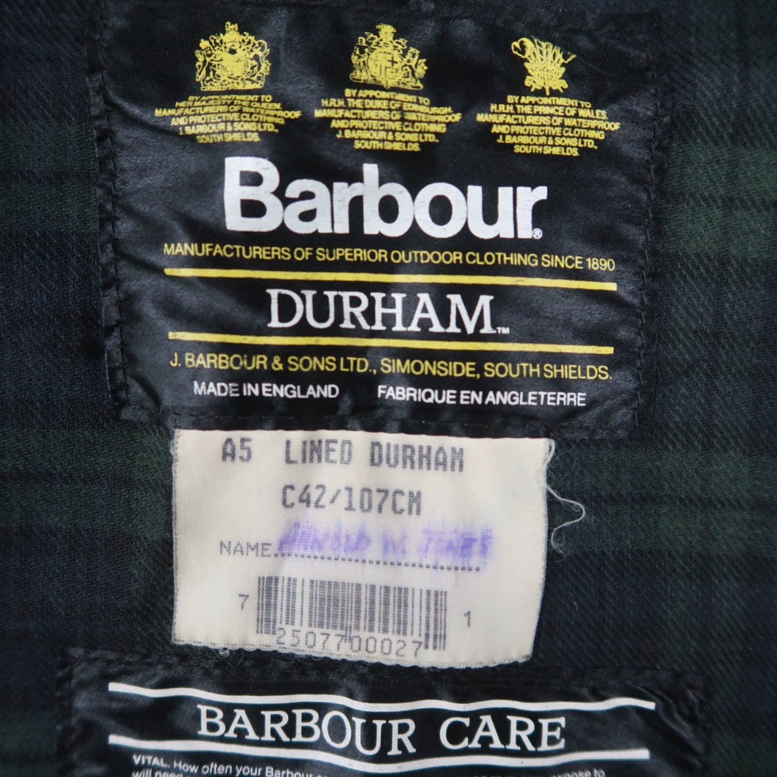 VIntage 90s Barbour Men’s A5 Lined Durham Wax Jacket Green C42 / 107CM