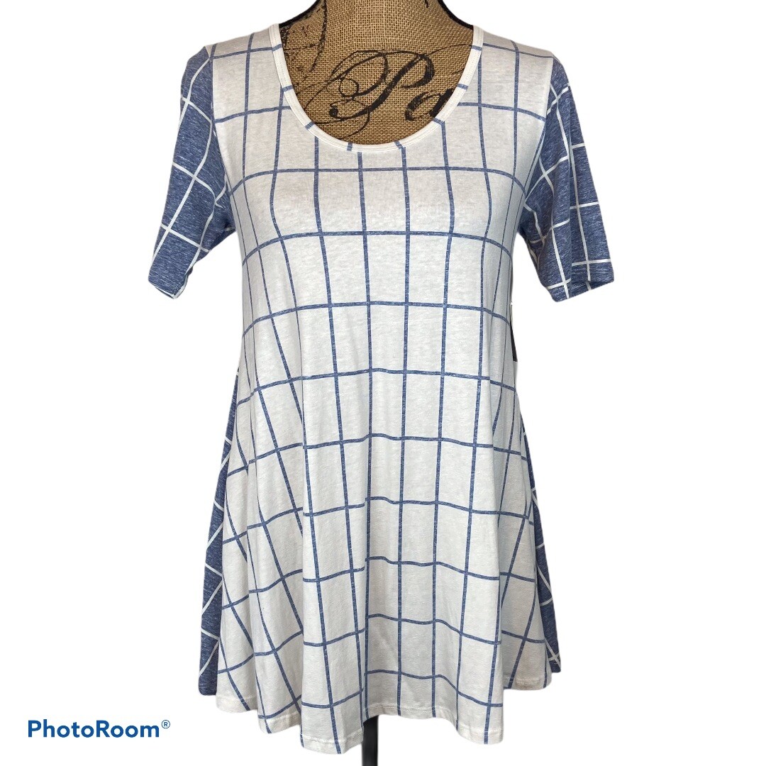 LuLaRoe Perfect T Shirt XXS NWT Geometric Windowpane Print Oversized Swing Fit