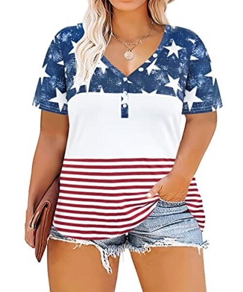 Womens Plus Size Tops 4Th of July T-Shirt 5X-Large Star – Red Striped Usa
