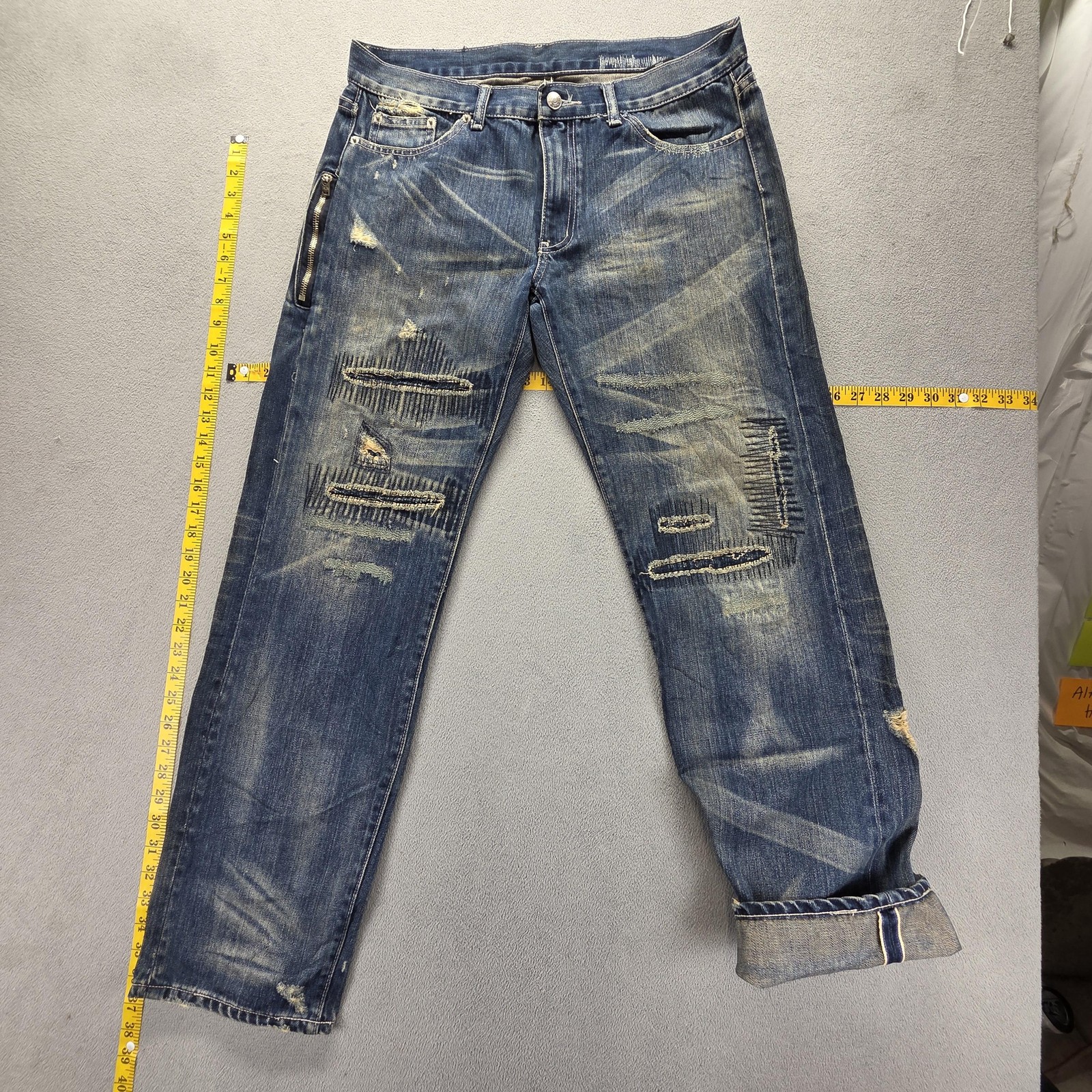 Selvedge Jeans Mens Blue Thrashed Patchwork Whiskers Honeycomb Fits 33×31