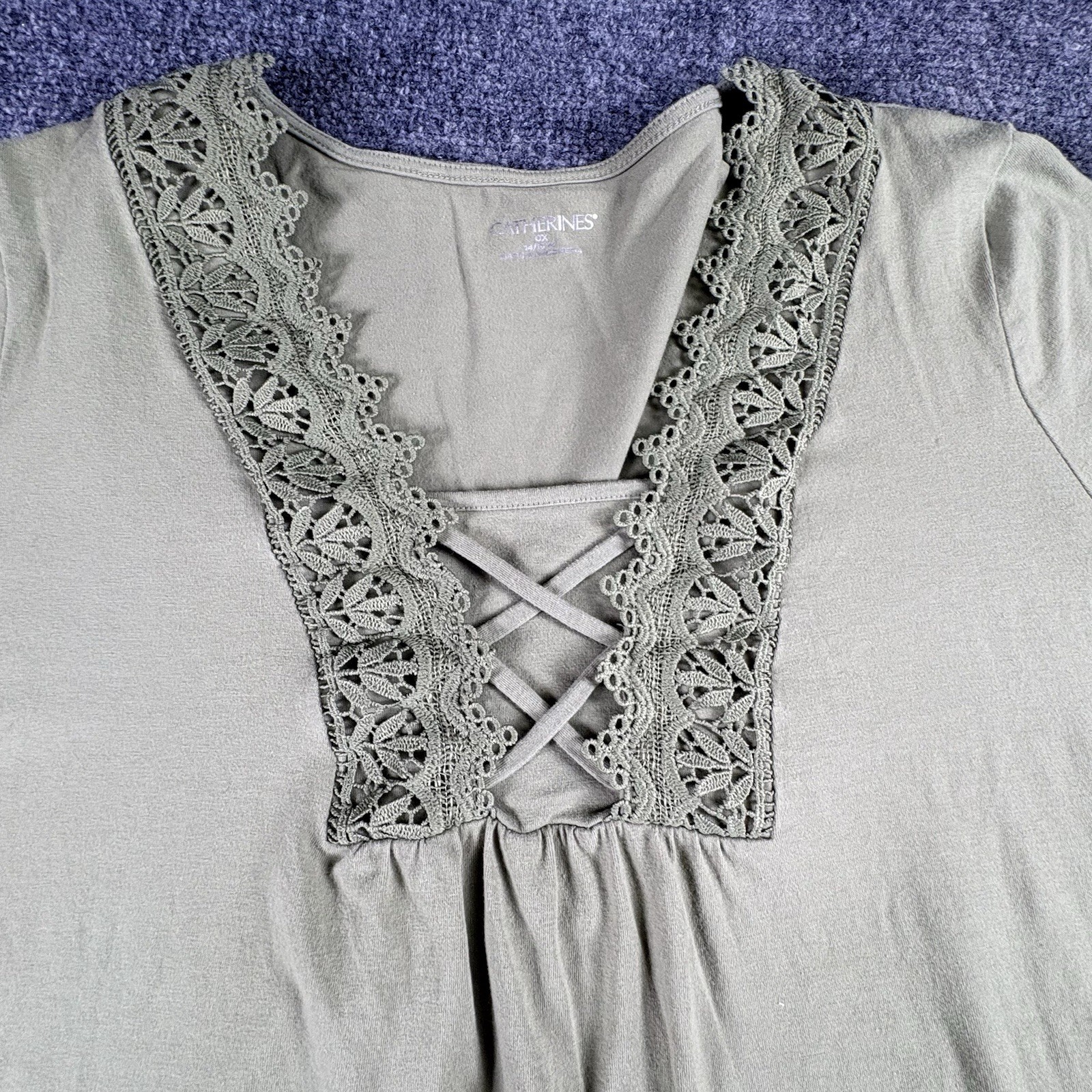 Catherines Top Womens 1X Green Boho Cottagecore Lace Trim Peasant Festival Artsy