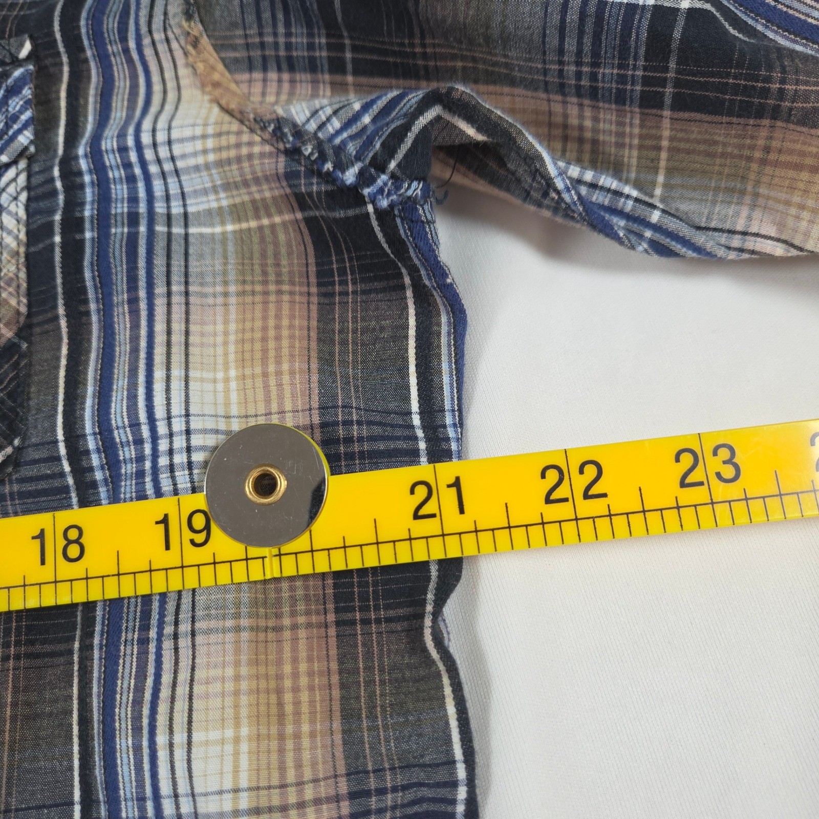 BKE Slim Fit Mens Western Snap Shirt XL Plaid Distressed Embroidered Blue Tan