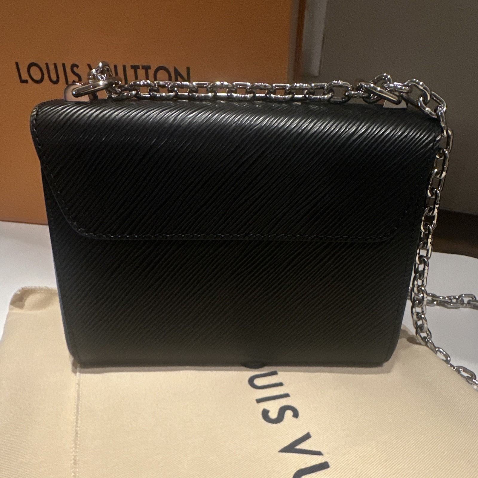 Louis Vuitton Black LV Logo Crossbody Bag Chain Strap Dust Bag Box