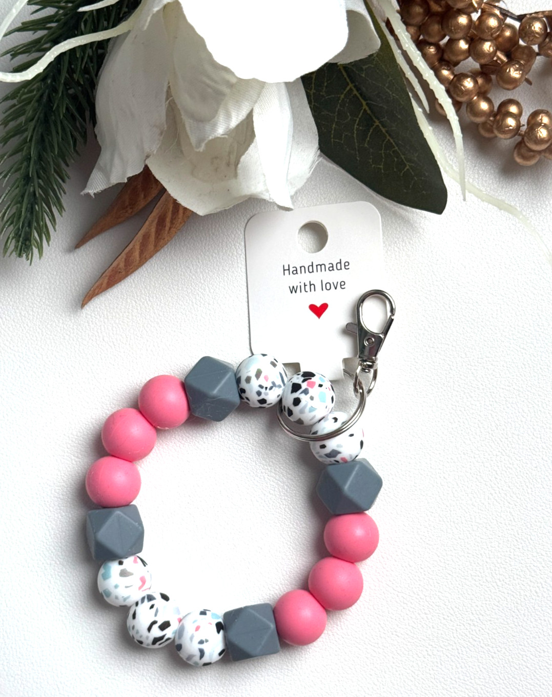 Silicone Beaded Keychain Wristlet Bracelet Pink Confetti