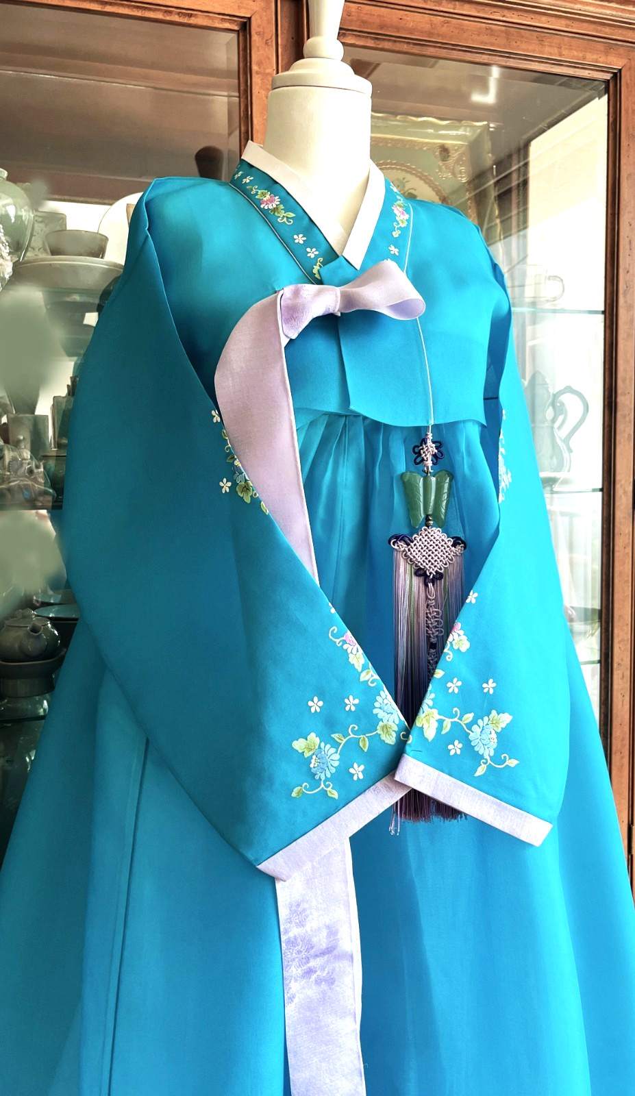 M Silk Traditional Korean Hanbok Set–Turquoise Blue Top/ Skirt with Floral Print