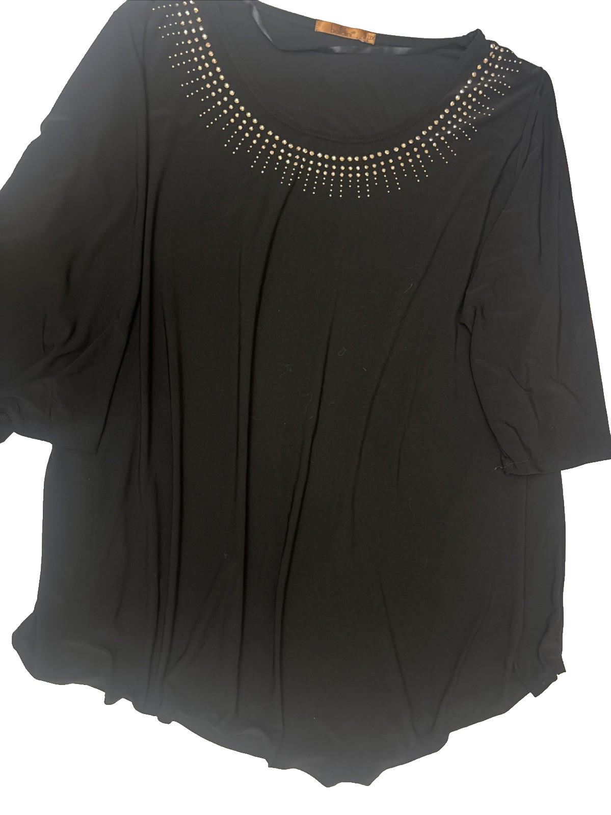 Baldini Womens Black Beaded Neckline 3/4 Sleeve Top Plus Size 3X