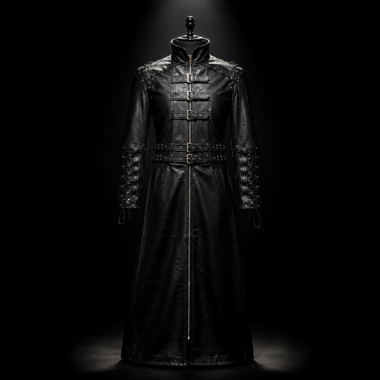 Mens Black Real Leather Gothic Trench Coat Steampunk Lace Up Sleeves Handmade