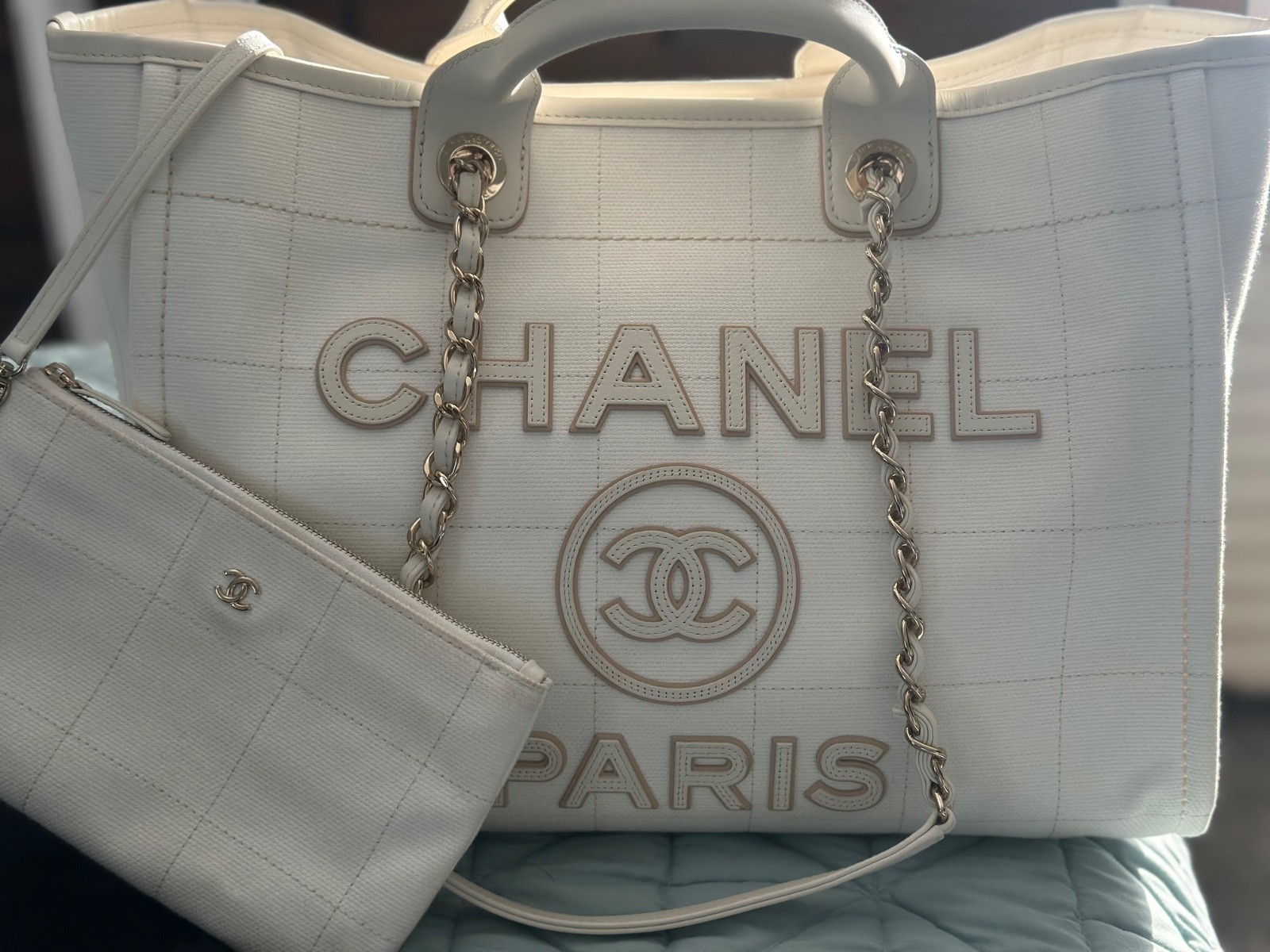 2023 Chanel deauville tote ecru. Excellent condition. Includes pouch & dust bags