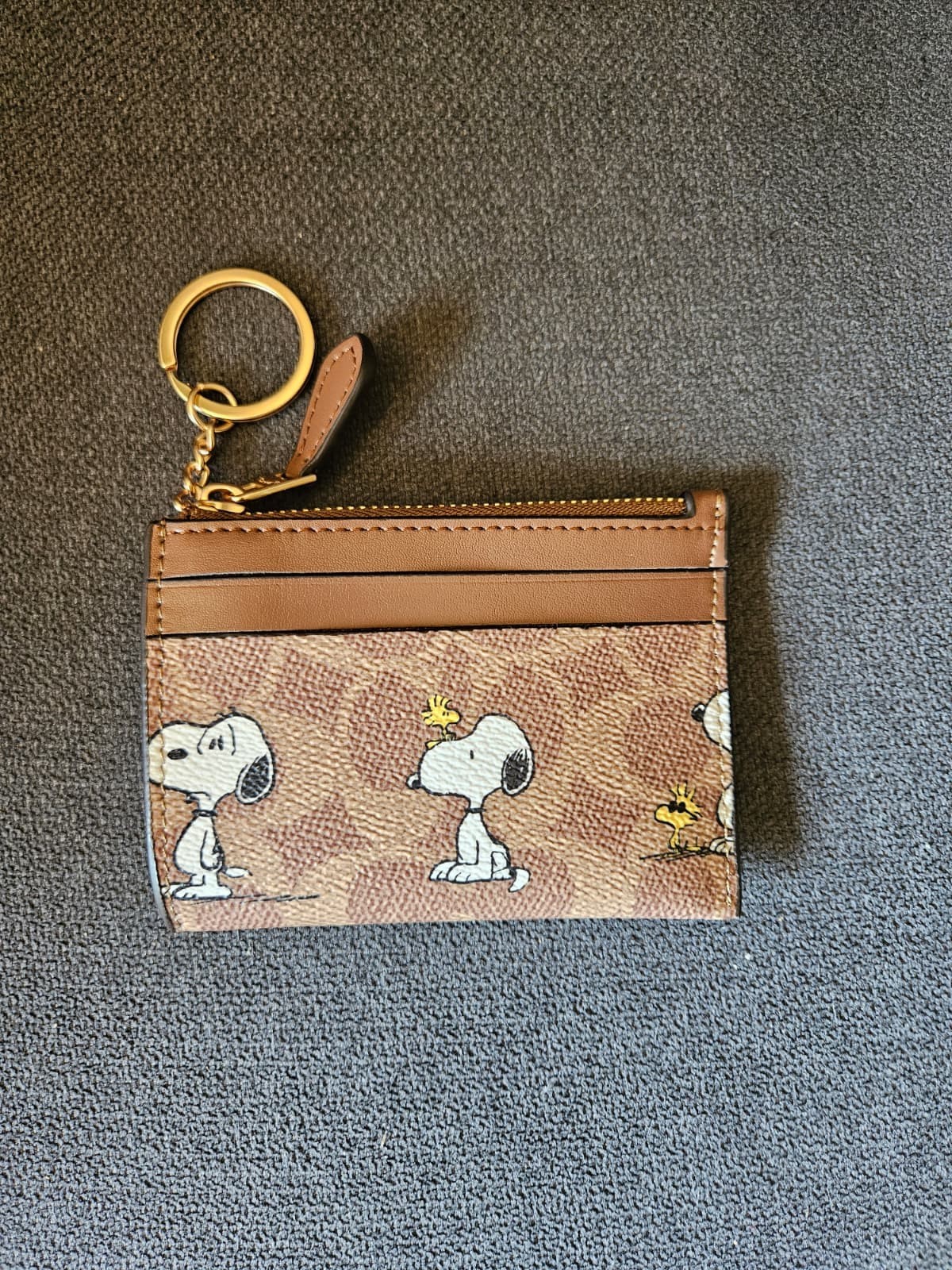 Coach Peanuts Snoopy Mini Skinny ID Case Keychain Wallet Signature Canvas NWT