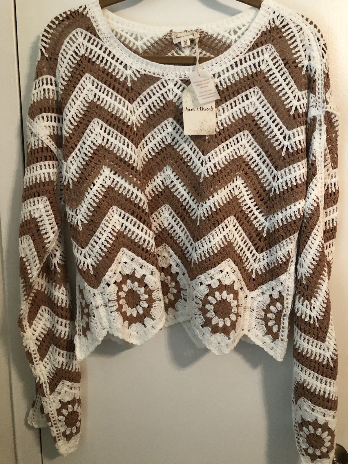 Hem & Thread Open Knit Crochet Sweater Lightweight Boho Long Sleeve Size M/L