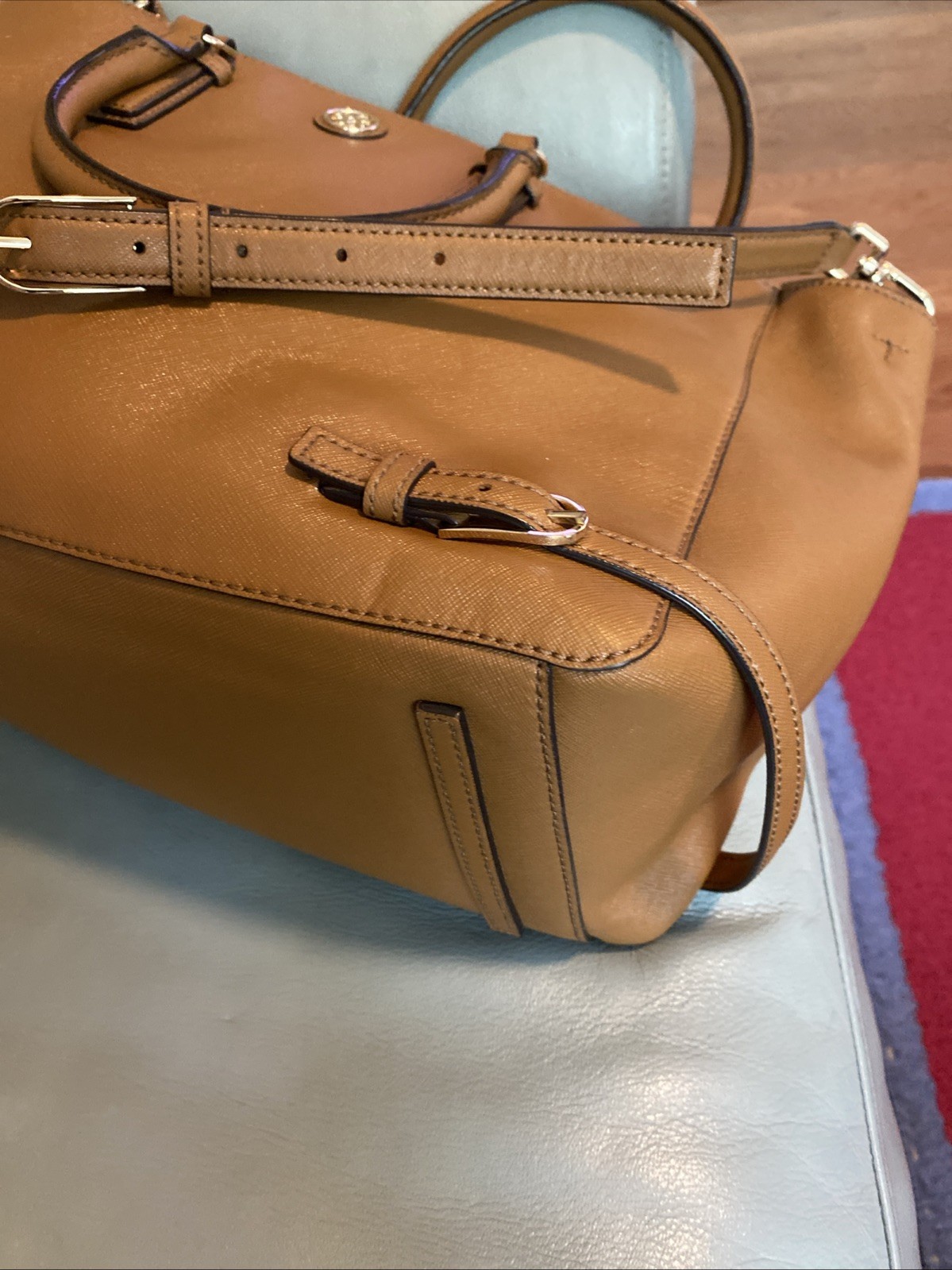 Tory Burch Robinson Tigers Eye Tan/Brown Saffiano Leather Handbag Satchel Nice