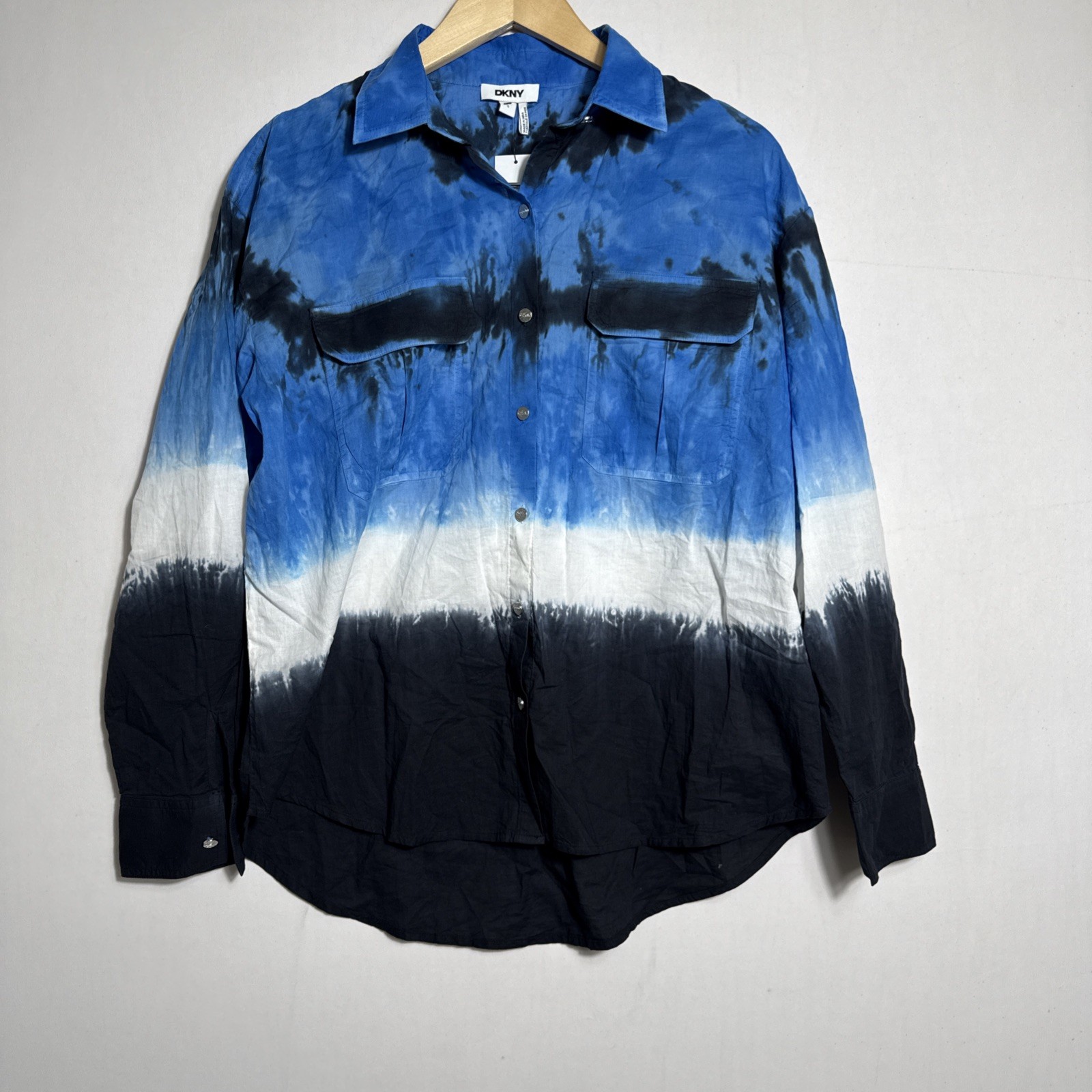 DKNY Women’s Long Sleeve Tie Dye Button Front Shirt Collared Flap Pockets Small
