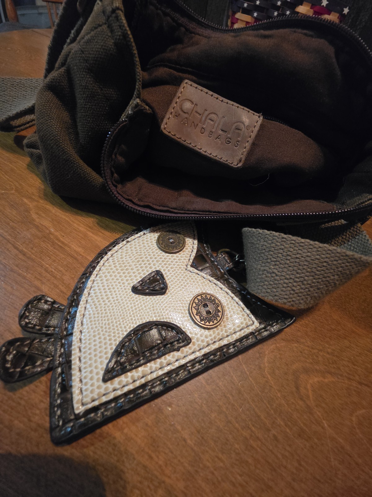 CHALA two toned brown canvas crossbody bag with adorable owl change purse
