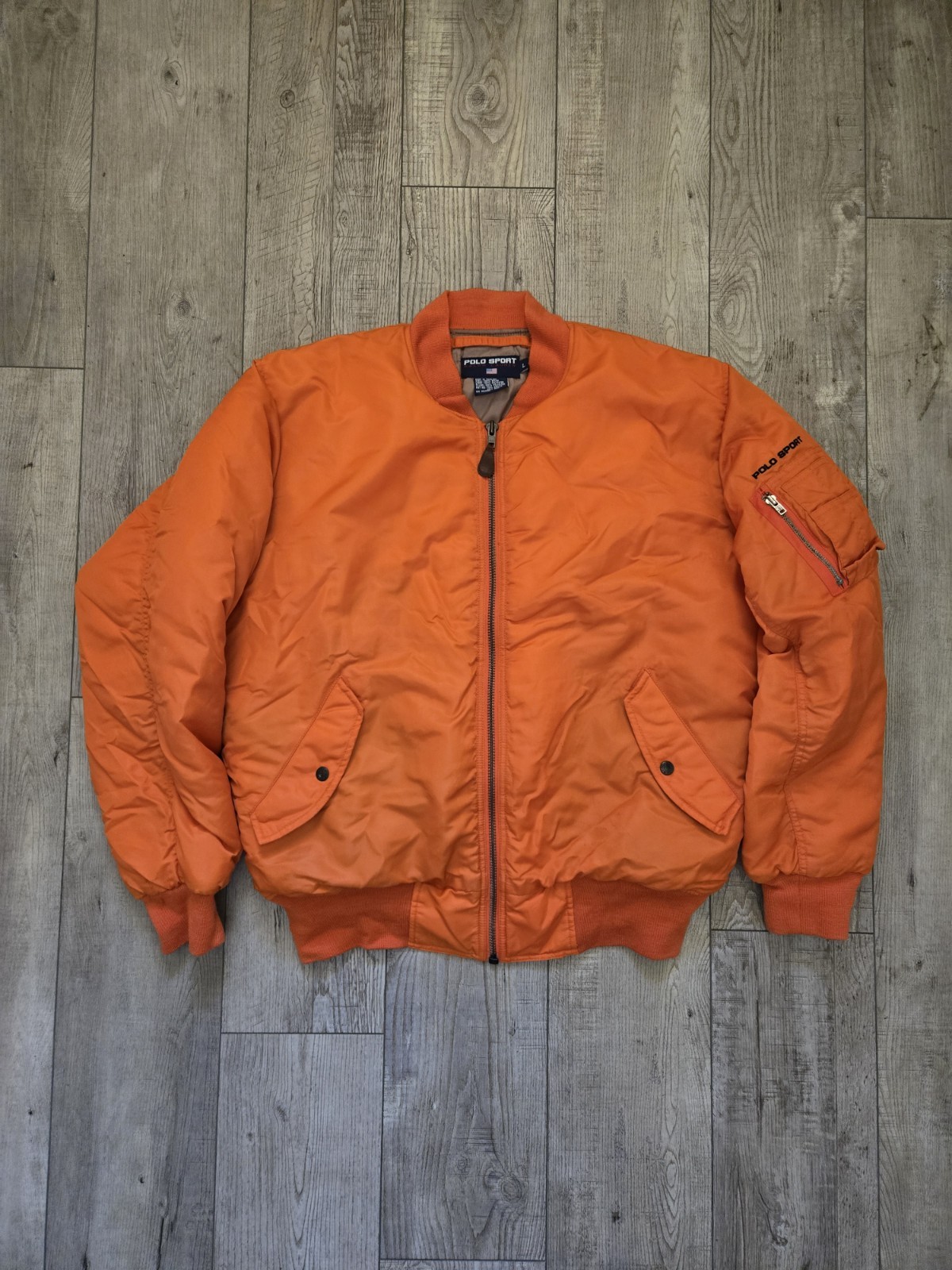 Vintage Polo Sport Ralph Lauren Mens Orange Bomber Flight Jacket MA-1 90’s Large